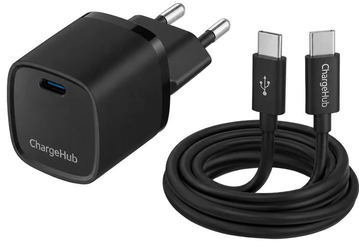 ChargeHub 20W USB-C PD travel charger with 60W USB-C cable for charging on the go