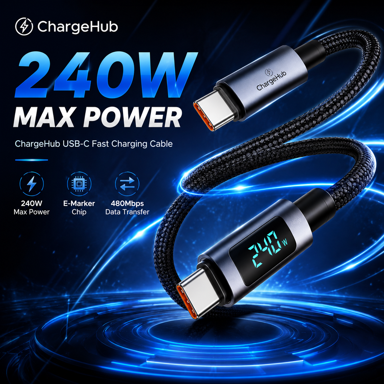 ChargeHub 240W USB-C to USB-C cable with LED wattage display in multiple colours, view 2