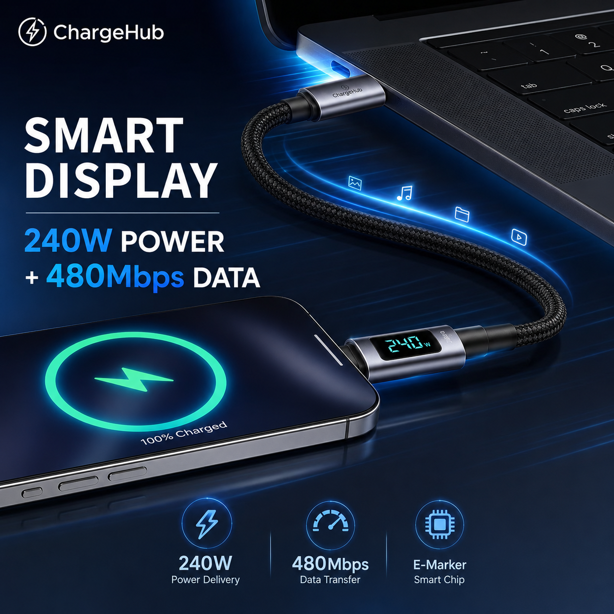 ChargeHub 240W USB-C to USB-C cable with LED wattage display in multiple colours, view 3