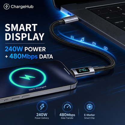 ChargeHub 240W USB-C to USB-C cable with LED wattage display in multiple colours, view 3