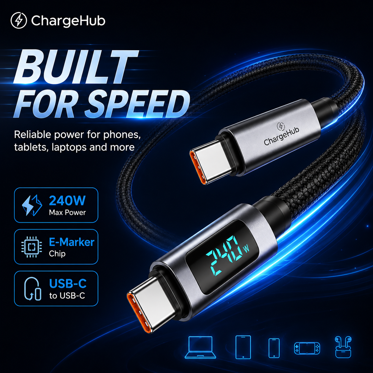ChargeHub 240W USB-C to USB-C cable with LED wattage display in multiple colours, view 4