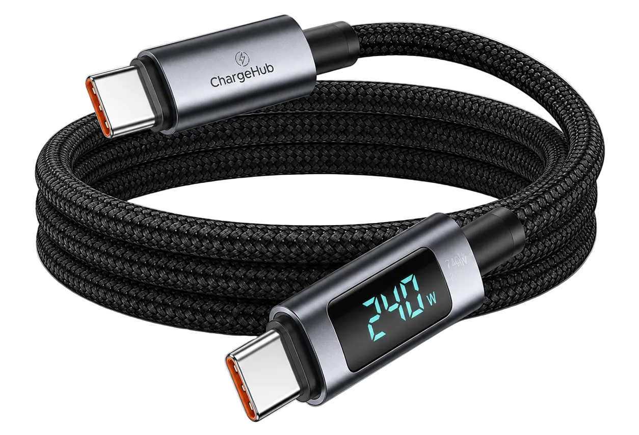 ChargeHub 240W USB-C to USB-C cable with LED wattage display in multiple colours