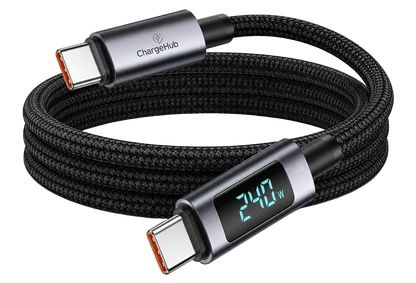 ChargeHub 240W USB-C to USB-C cable with LED wattage display in multiple colours