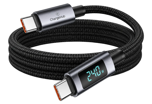 ChargeHub 240W USB-C to USB-C cable with LED wattage display in multiple colours