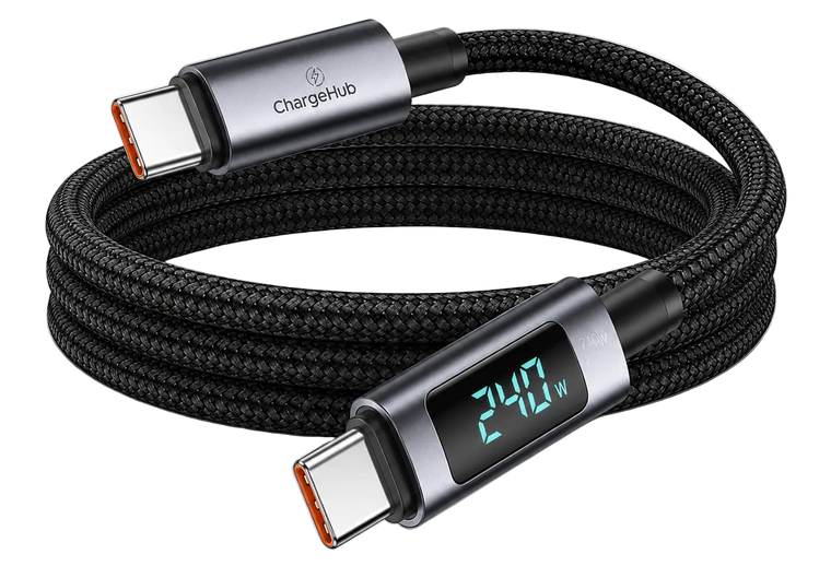 ChargeHub 240W USB-C to USB-C cable with LED wattage display in multiple colours