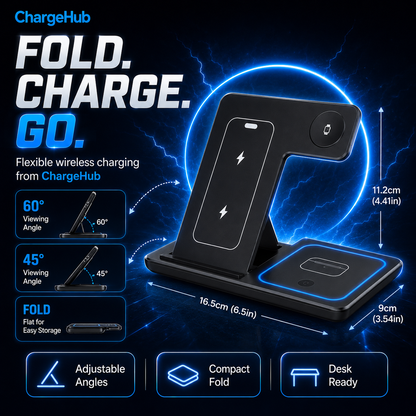 ChargeHub 3-in-1 15W foldable wireless charging station for phone, watch and earbuds, view 2