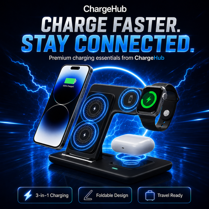 ChargeHub 3-in-1 15W foldable wireless charging station for phone, watch and earbuds, view 3