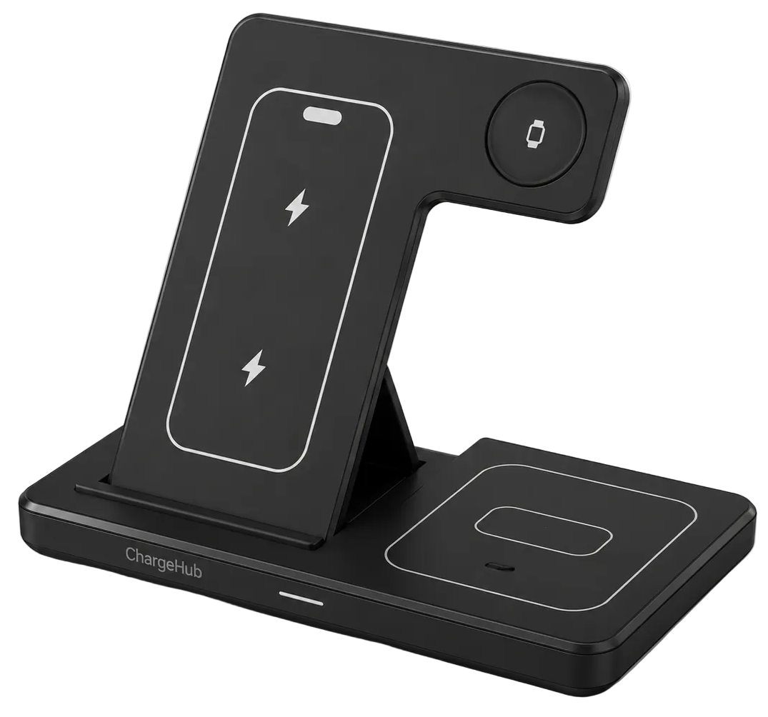 ChargeHub 3-in-1 15W foldable wireless charging station for phone, watch and earbuds