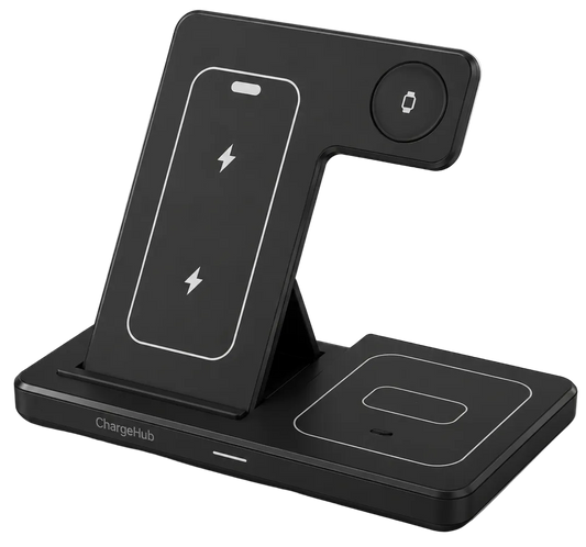 ChargeHub 3-in-1 15W foldable wireless charging station for phone, watch and earbuds