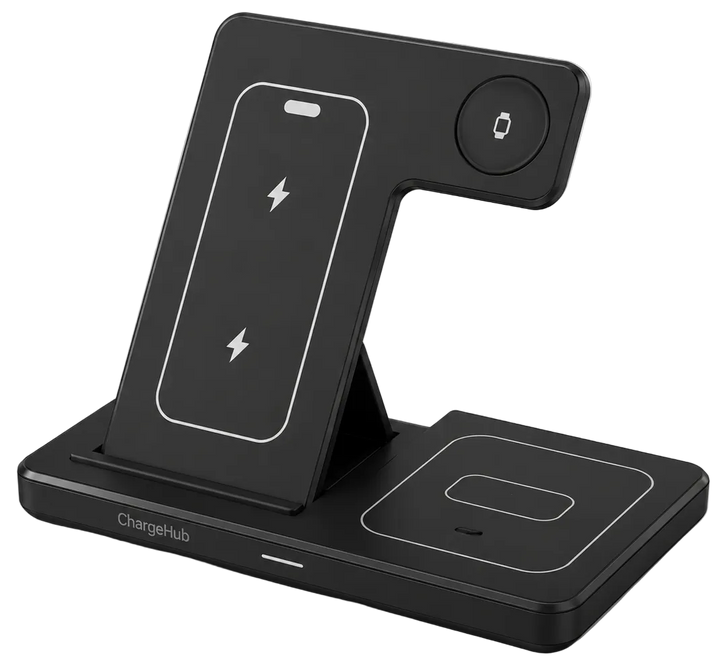 ChargeHub 3-in-1 15W foldable wireless charging station for phone, watch and earbuds