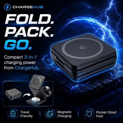 ChargeHub 3-in-1 foldable travel wireless charger for phone, smartwatch and earbuds, view 2
