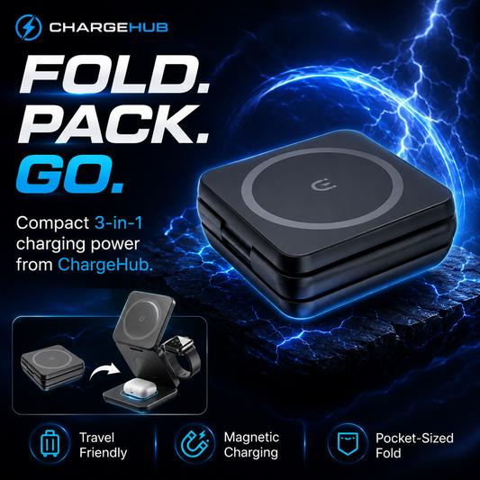 ChargeHub 3-in-1 foldable travel wireless charger for phone, smartwatch and earbuds, view 2