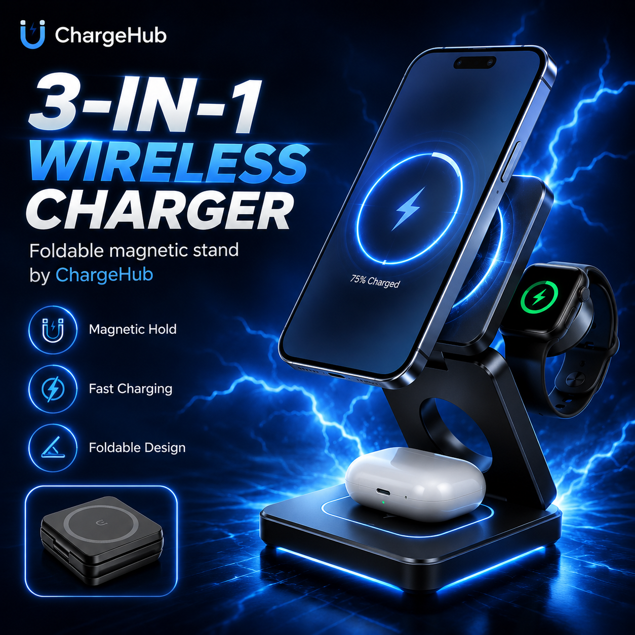 ChargeHub 3-in-1 foldable travel wireless charger for phone, smartwatch and earbuds, view 3