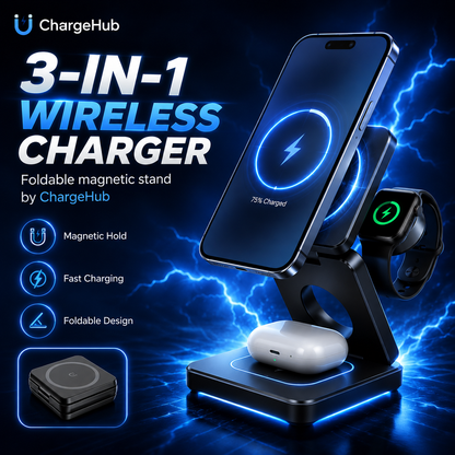 ChargeHub 3-in-1 foldable travel wireless charger for phone, smartwatch and earbuds, view 3