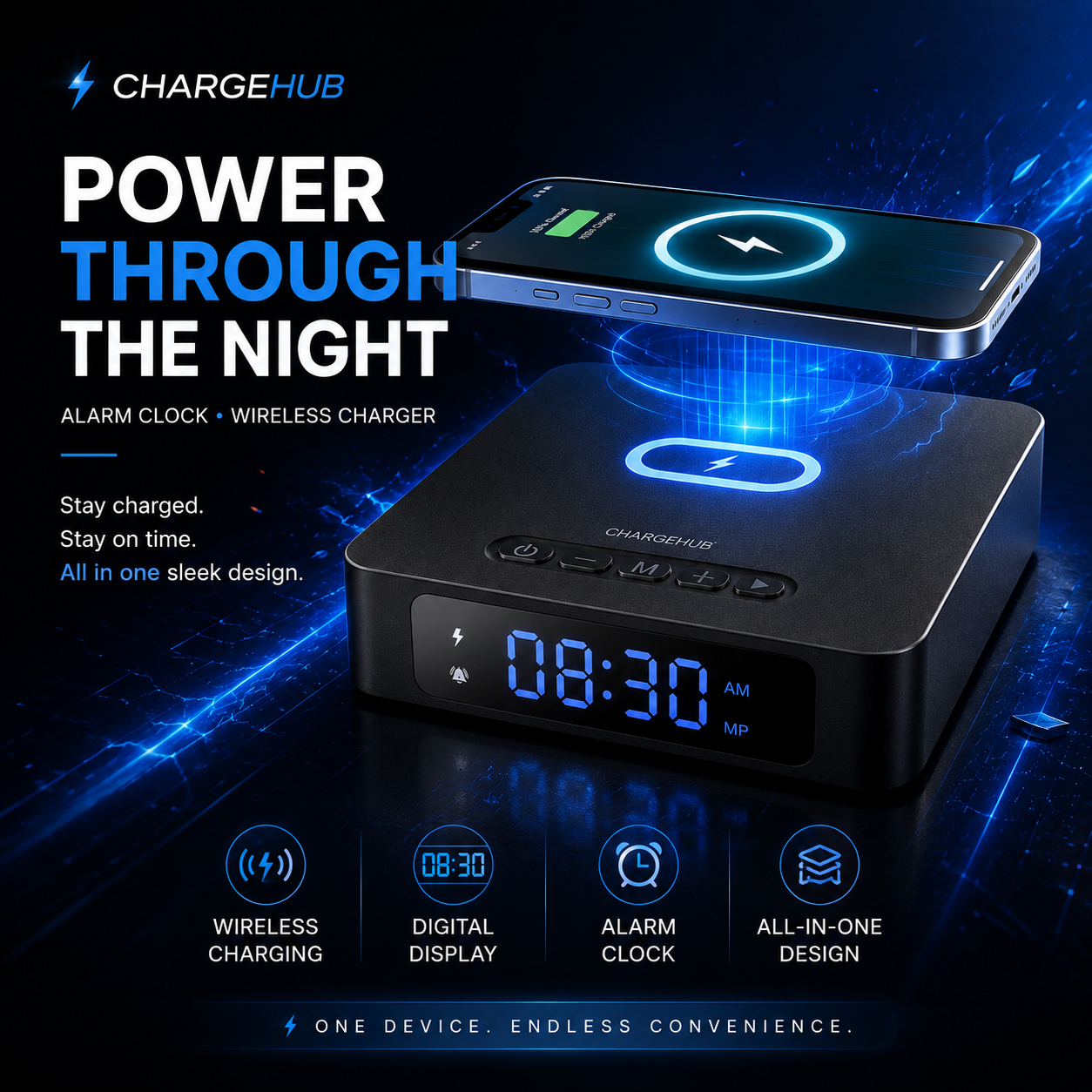 ChargeHub 3-in-1 wireless charger with time display and alarm clock, view 3