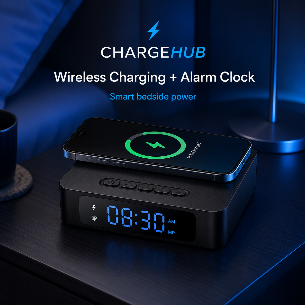 ChargeHub 3-in-1 wireless charger with time display and alarm clock, view 4