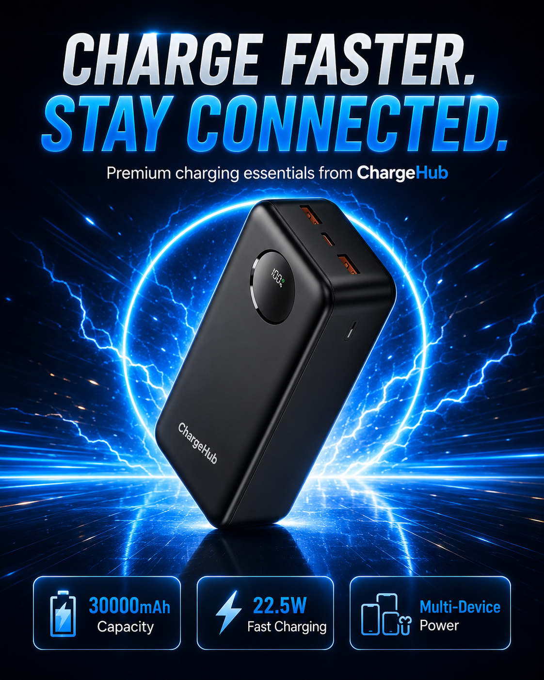 ChargeHub 30000mAh 22.5W power bank with LCD battery display and multiple outputs, view 3