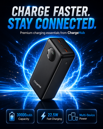 ChargeHub 30000mAh 22.5W power bank with LCD battery display and multiple outputs, view 3