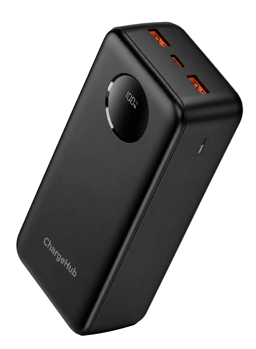 ChargeHub 30000mAh 22.5W power bank with LCD battery display and multiple outputs