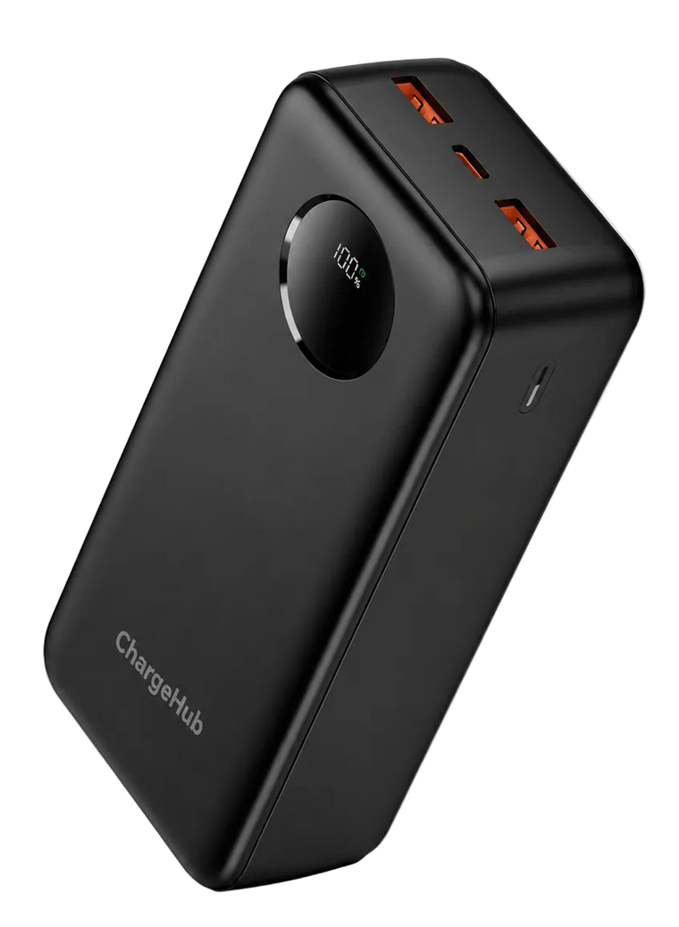 ChargeHub 30000mAh 22.5W power bank with LCD battery display and multiple outputs