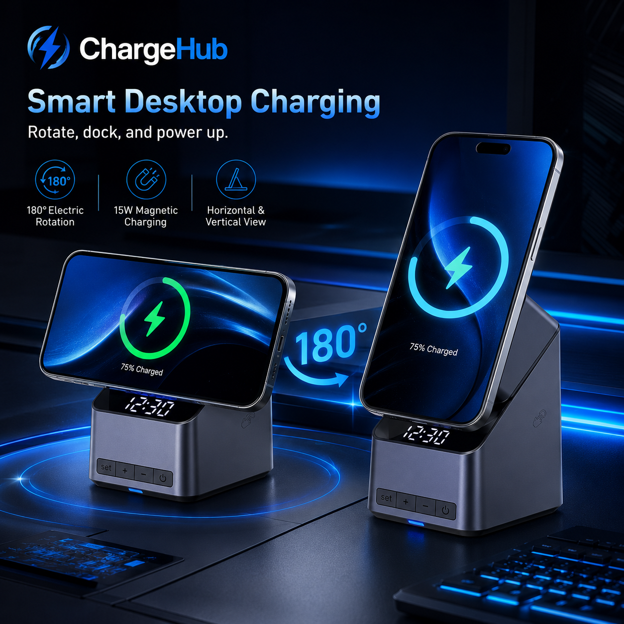 ChargeHub 4-in-1 rotating wireless charging station with clock for phone, watch and earbuds, view 2