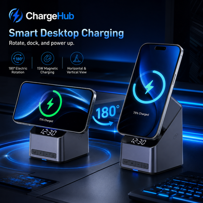 ChargeHub 4-in-1 rotating wireless charging station with clock for phone, watch and earbuds, view 2
