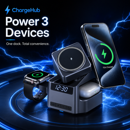 ChargeHub 4-in-1 rotating wireless charging station with clock for phone, watch and earbuds, view 3