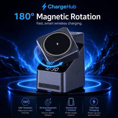ChargeHub 4-in-1 rotating wireless charging station with clock for phone, watch and earbuds, view 4