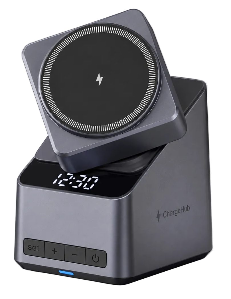 ChargeHub 4-in-1 rotating wireless charging station with clock for phone, watch and earbuds