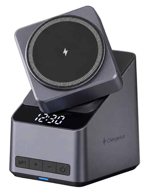 ChargeHub 4-in-1 rotating wireless charging station with clock for phone, watch and earbuds