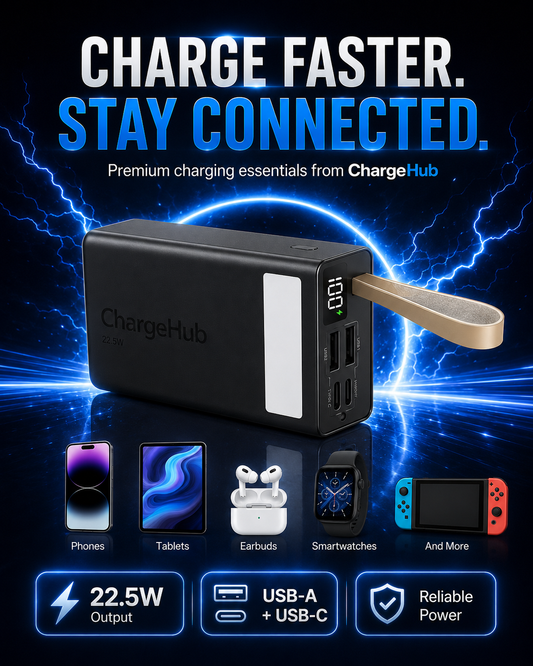 ChargeHub 40000mAh 22.5W power bank with LCD display, three inputs and four outputs, view 2