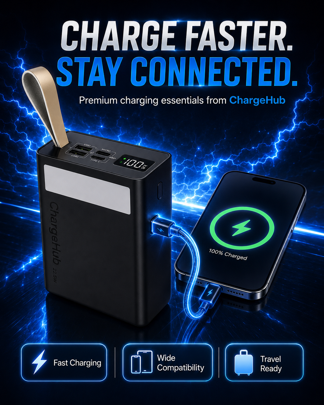 ChargeHub 40000mAh 22.5W power bank with LCD display, three inputs and four outputs, view 3