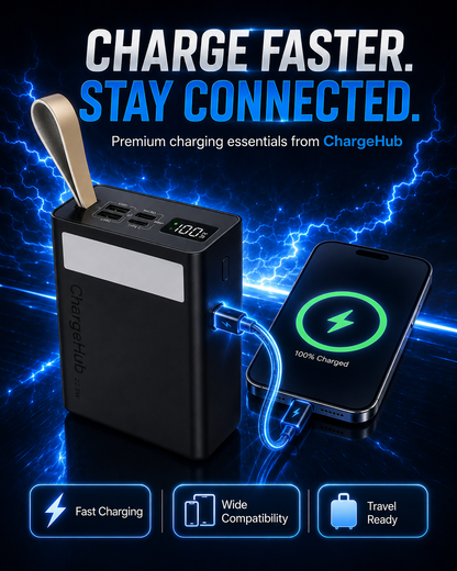 ChargeHub 40000mAh 22.5W power bank with LCD display, three inputs and four outputs, view 3