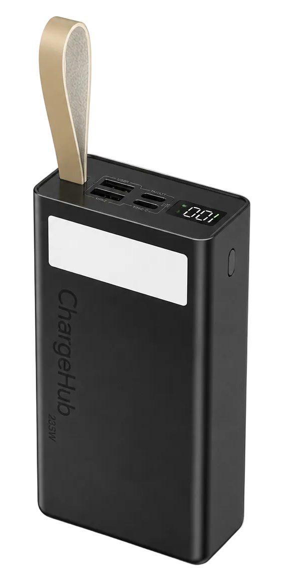 ChargeHub 40000mAh 22.5W power bank with LCD display, three inputs and four outputs