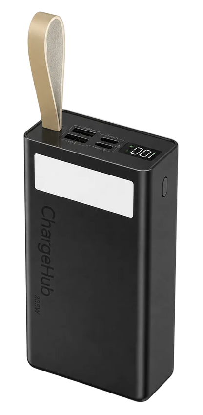 ChargeHub 40000mAh 22.5W power bank with LCD display, three inputs and four outputs