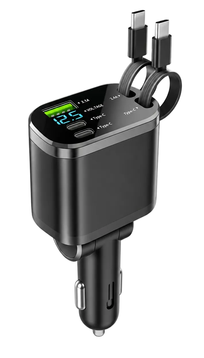 ChargeHub 5-in-1 car charger with dual PD USB ports and charging status display