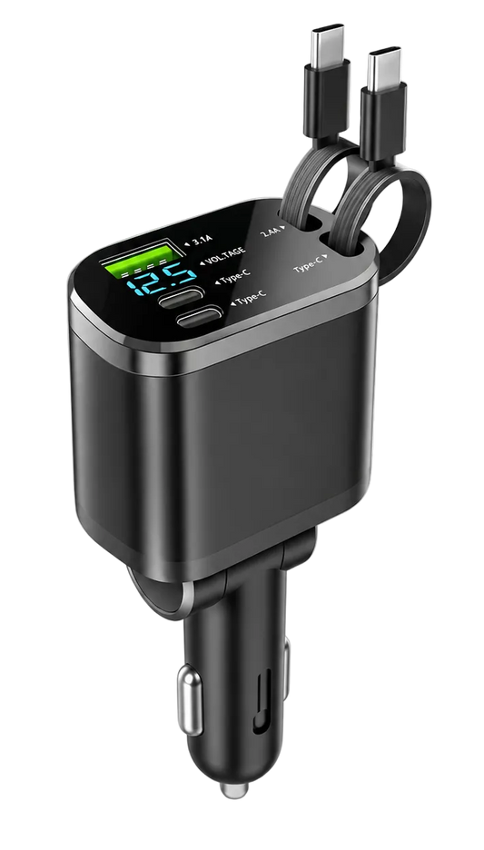 ChargeHub 5-in-1 car charger with dual PD USB ports and charging status display