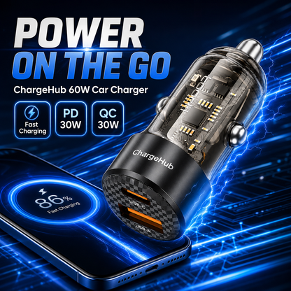 ChargeHub 60W transparent car charger with USB-C PD and quick-charge ports, view 2