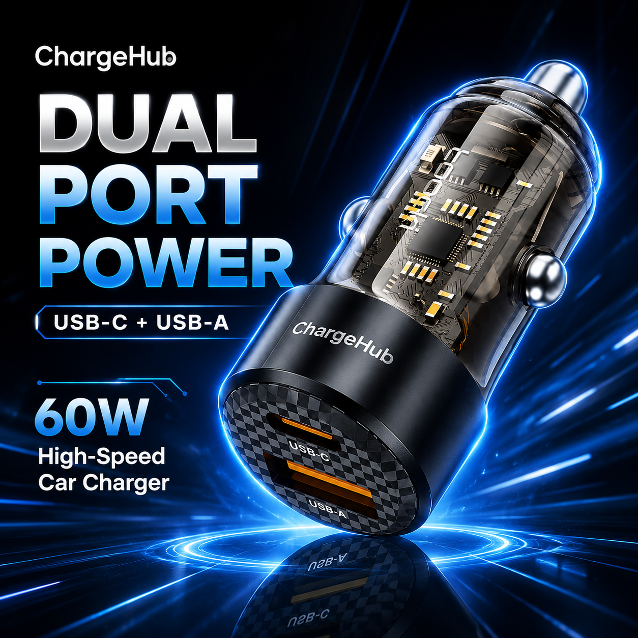 ChargeHub 60W transparent car charger with USB-C PD and quick-charge ports, view 3