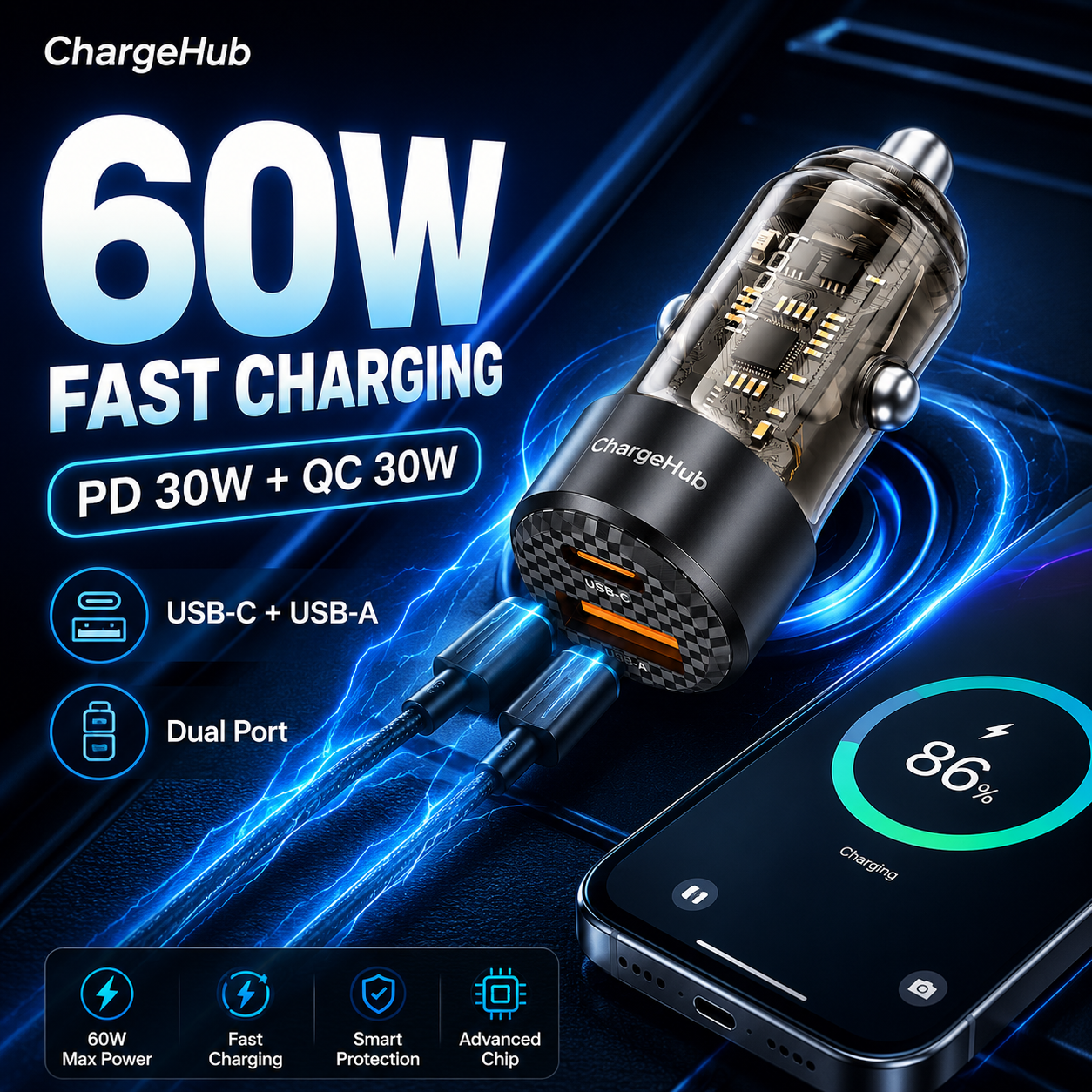 ChargeHub 60W transparent car charger with USB-C PD and quick-charge ports, view 4