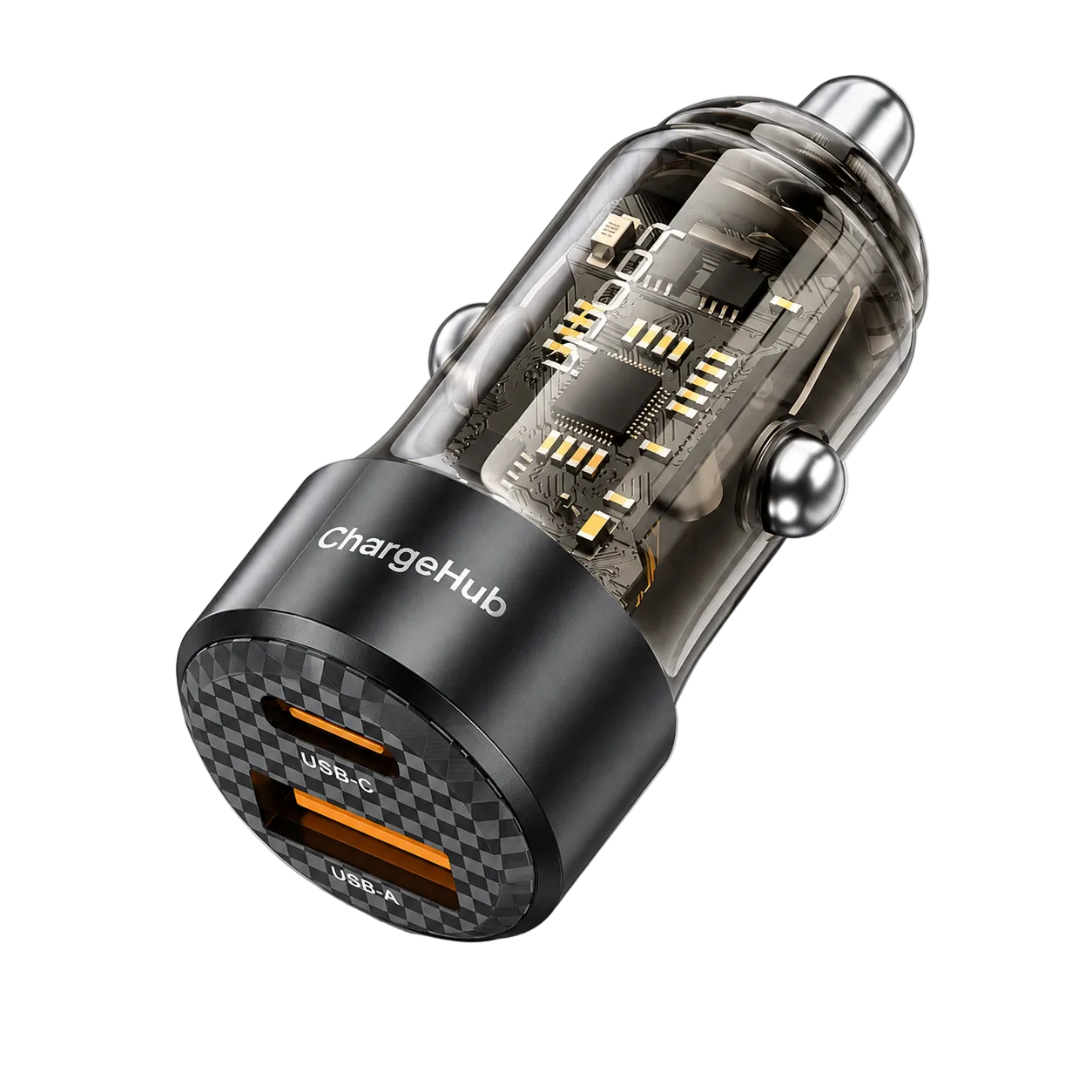 ChargeHub 60W transparent car charger with USB-C PD and quick-charge ports