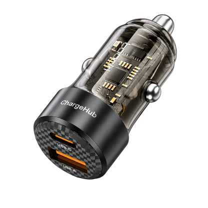 ChargeHub 60W transparent car charger with USB-C PD and quick-charge ports