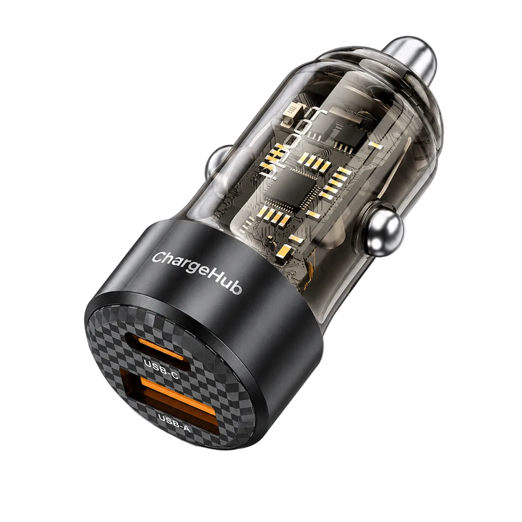 ChargeHub 60W transparent car charger with USB-C PD and quick-charge ports