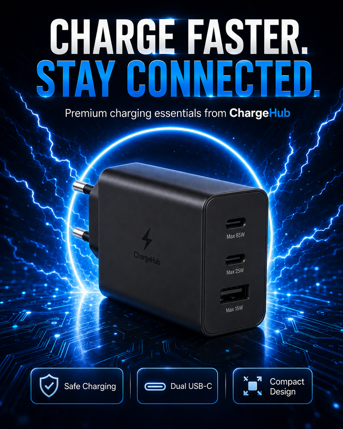 ChargeHub 65W 3-port PD wall charger with USB-C cable for laptop and phone charging, view 2