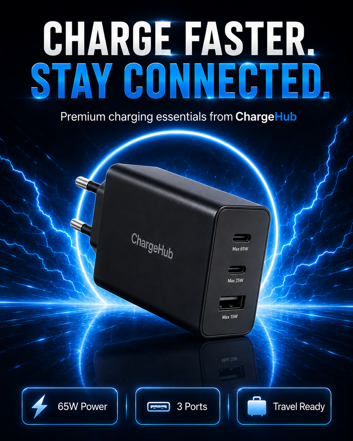 ChargeHub 65W 3-port PD wall charger with USB-C cable for laptop and phone charging, view 3