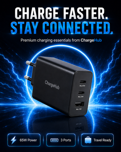 ChargeHub 65W 3-port PD wall charger with USB-C cable for laptop and phone charging, view 3