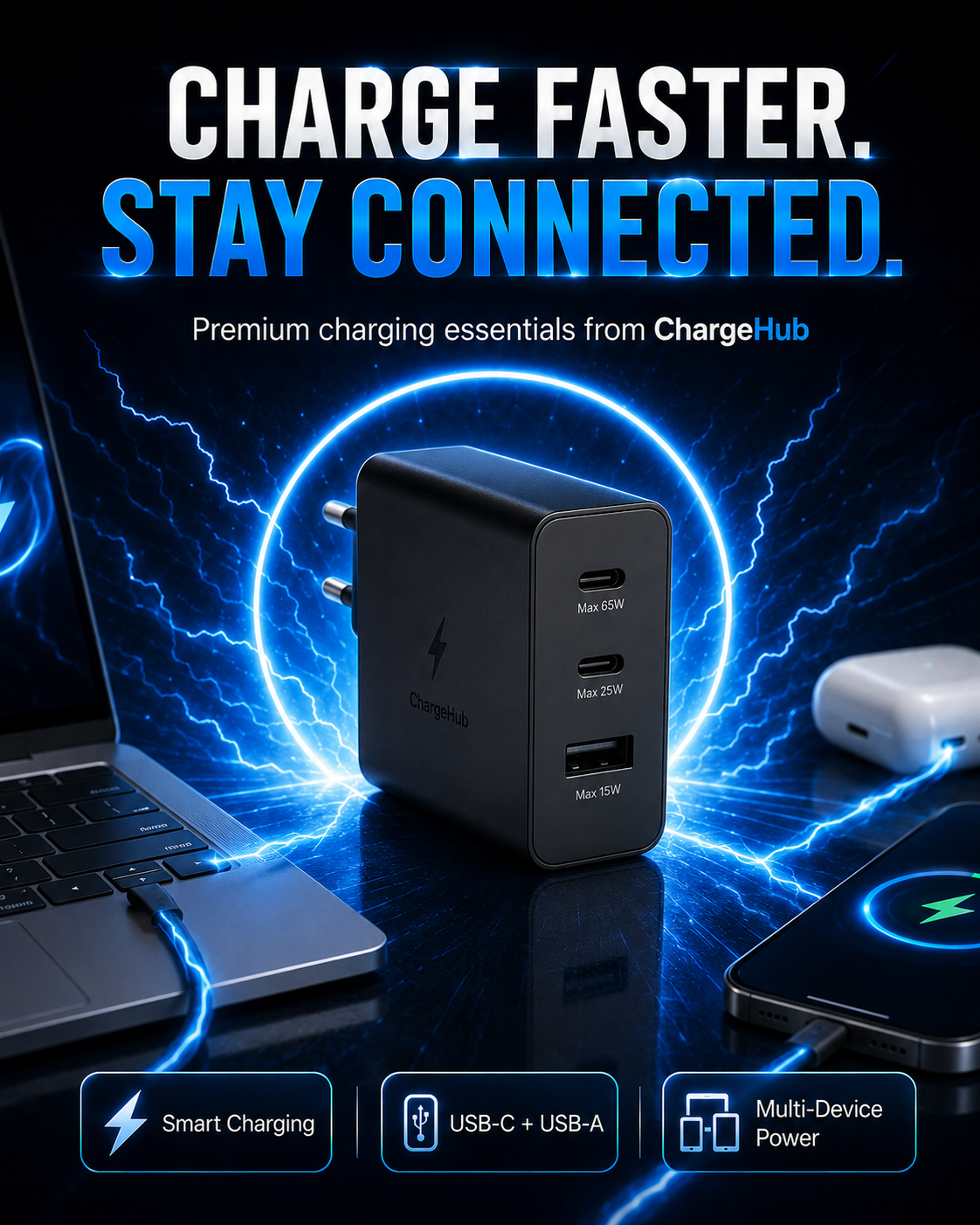 ChargeHub 65W 3-port PD wall charger with USB-C cable for laptop and phone charging, view 4