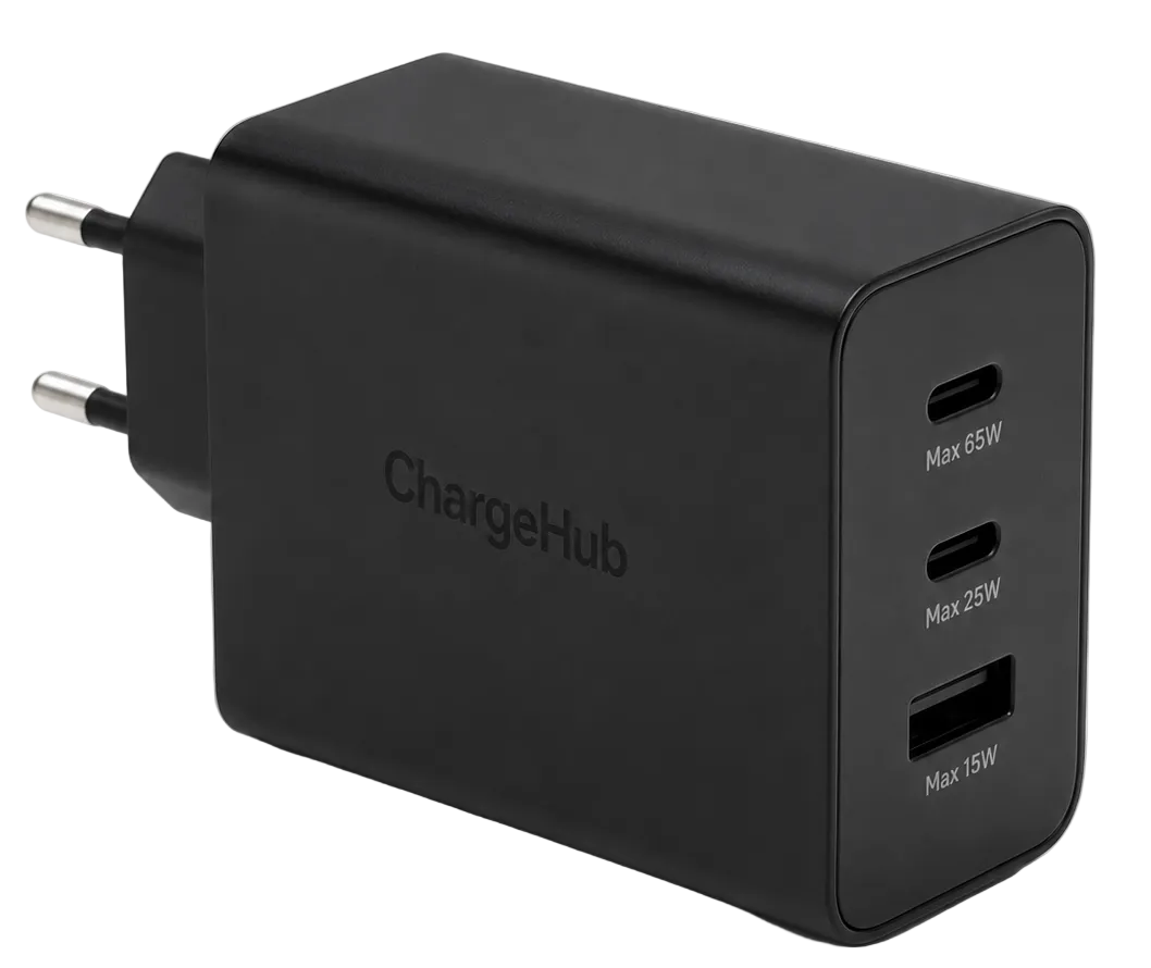 ChargeHub 65W 3-port PD wall charger with USB-C cable for laptop and phone charging