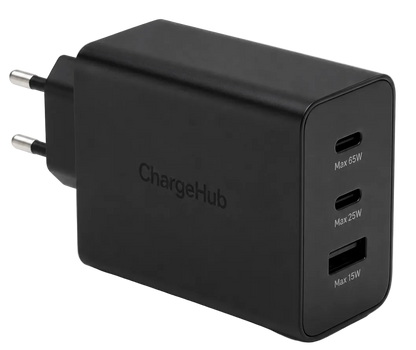 ChargeHub 65W 3-port PD wall charger with USB-C cable for laptop and phone charging