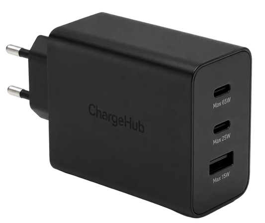 ChargeHub 65W 3-port PD wall charger with USB-C cable for laptop and phone charging